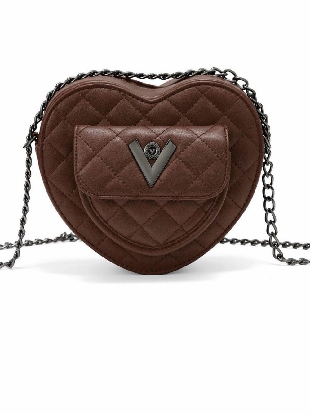 NWT- Valentino Orlandi Quilted Heart Crossbody Bag in Brown with Gunmetal Chain